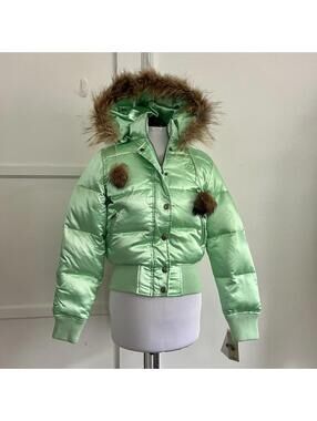 NWT Vintage ROCAWEAR Puffer Jacket Womens S Y2K Mint Green Fur Hood Pom Pom New